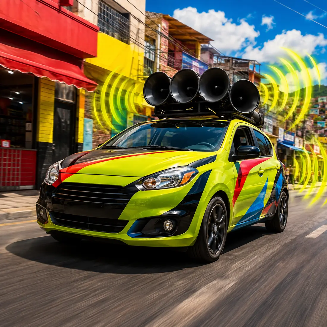 Carro de som divulgando uma oferta